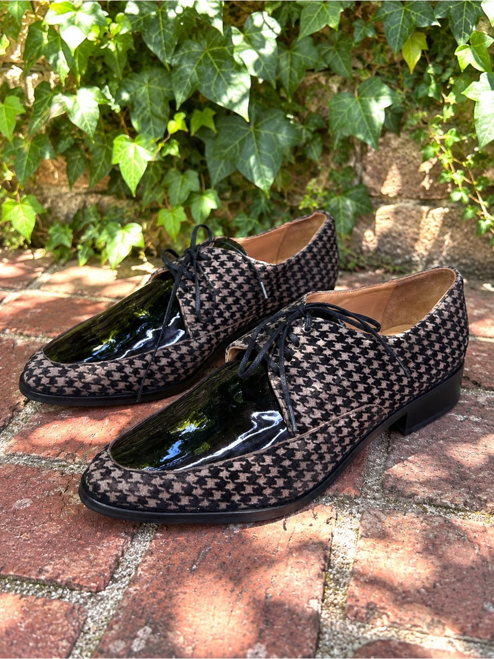 EMMA GO Houndstooth and Patent Black/Tan Handmade Danish Lace-Up Oxfords, 36